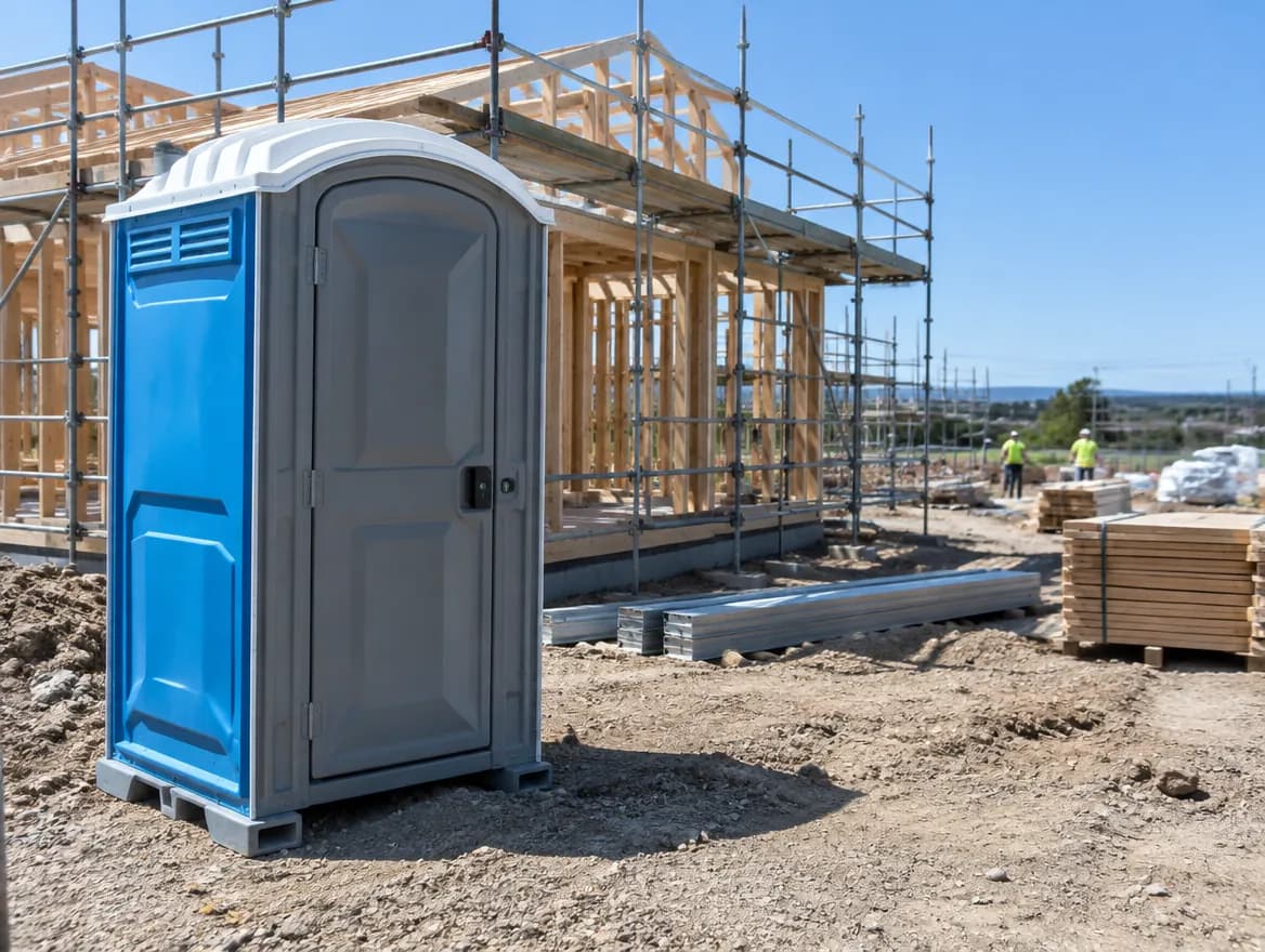A portable toilet on an Australian building site beside a timber house frame and scaffolding