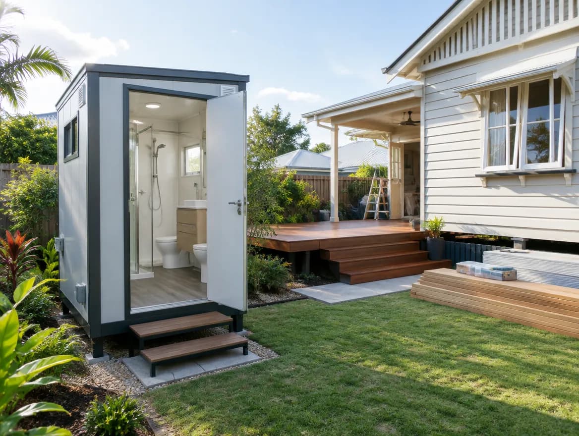 A portable ensuite unit beside a Queenslander home renovation