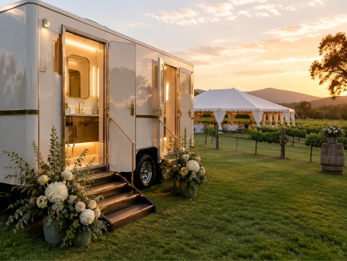 A luxury restroom trailer glowing at a vineyard wedding